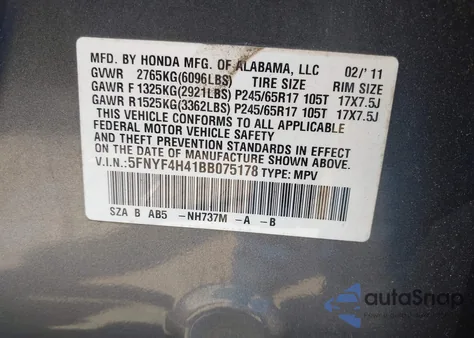 2011 Honda Pilot Ex from USA, damaged, VIN 5FNYF4H41BB075178